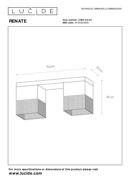 Lucide RENATE - Plafonnier - 2xE27 - Or Mat / Laiton - TECHNISCH